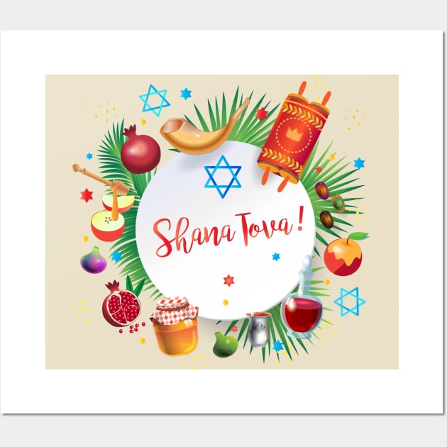 Happy Rosh Hashanah - Shana Tova! Autumn New Year Jewish Holiday Paty Vintage Decoration Wall Art by sofiartmedia